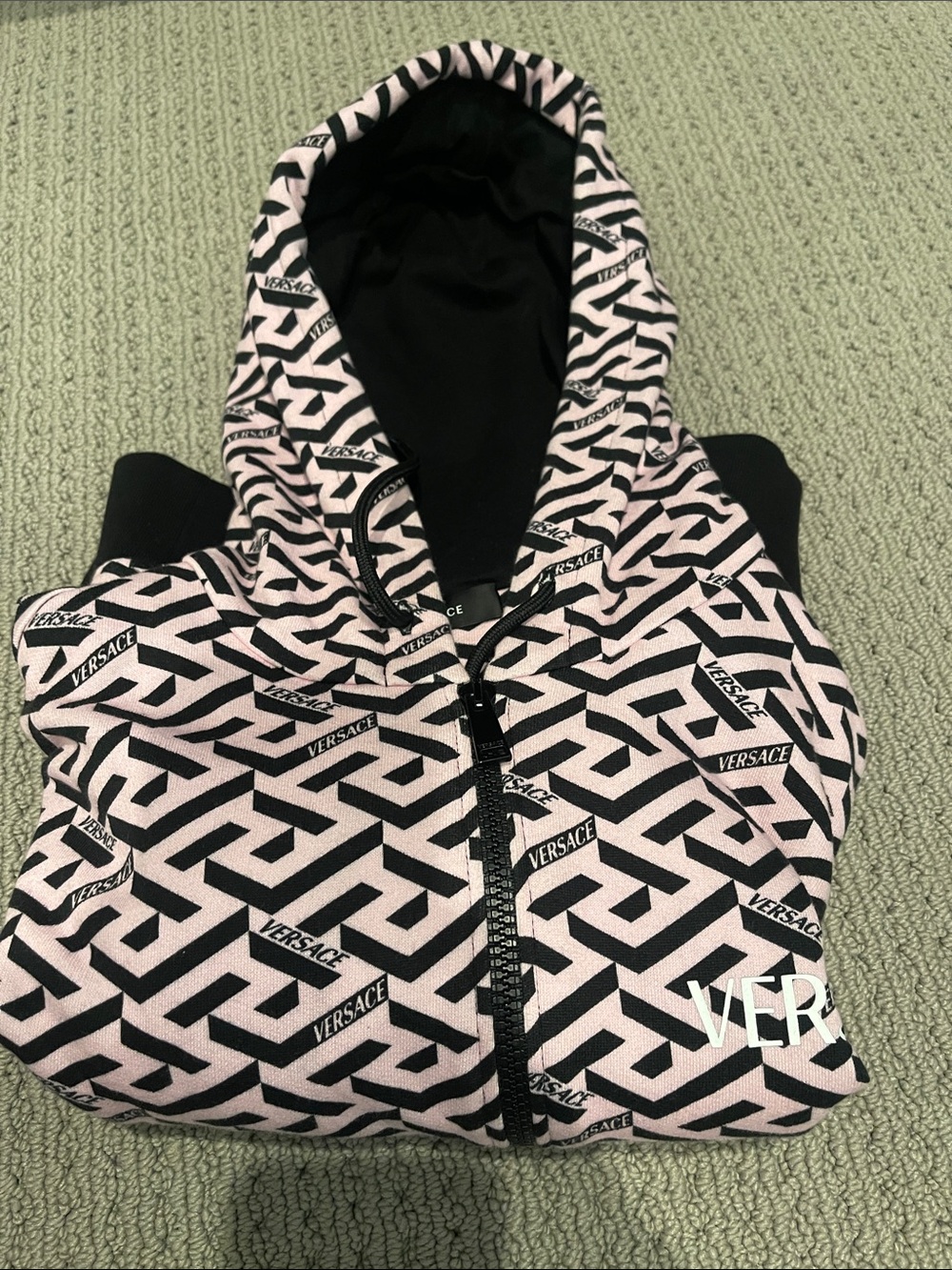 Versace Pink & Black Logo-Print Hooded Zip Sweatshirt